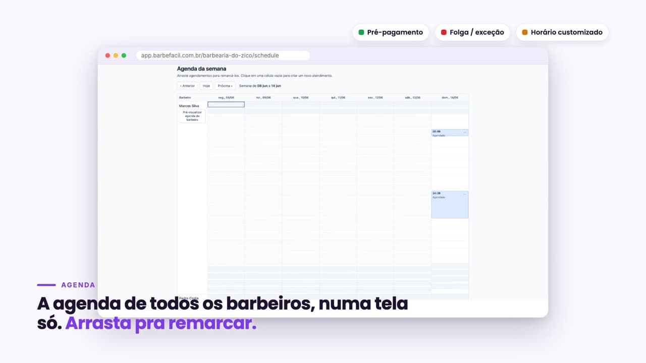 Agenda da semana da Barbearia do Téo, com a grade de horários de todos os barbeiros.