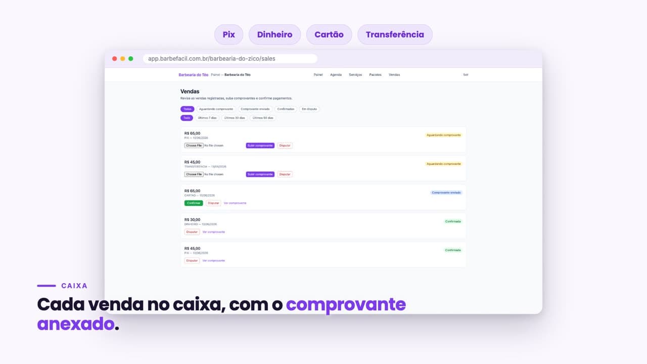 Tela de vendas e painel com receita, taxa de no-show e ranking de barbeiros.